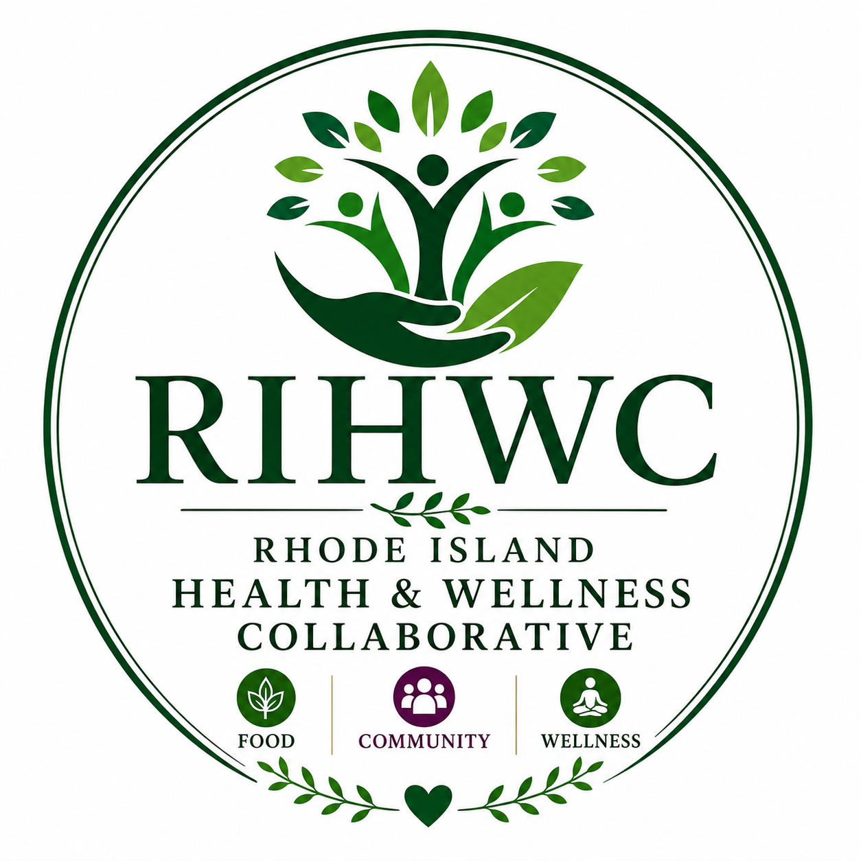 Rhode Island Health & Wellness Collaborative logo, a tree of people growing from open hands, with Food, Community and Wellness below