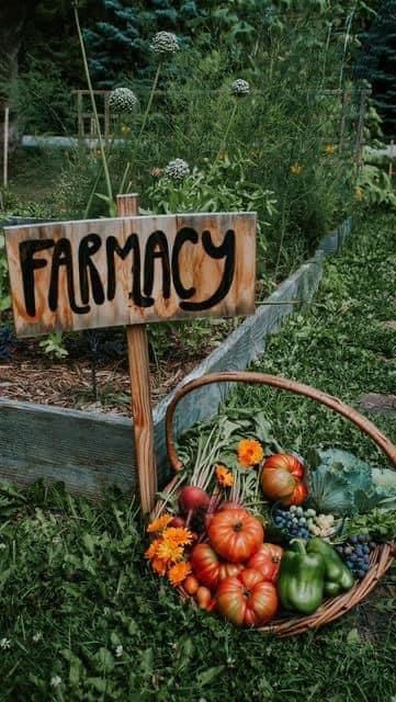 A wooden FARMACY sign above a wicker basket overflowing with fresh tomatoes, peppers and flowers in a lush community garden.